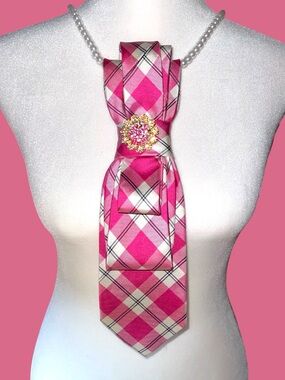 Pink Plaid Satin Brooch Tie Necklace with Sparkling Crystal Accent